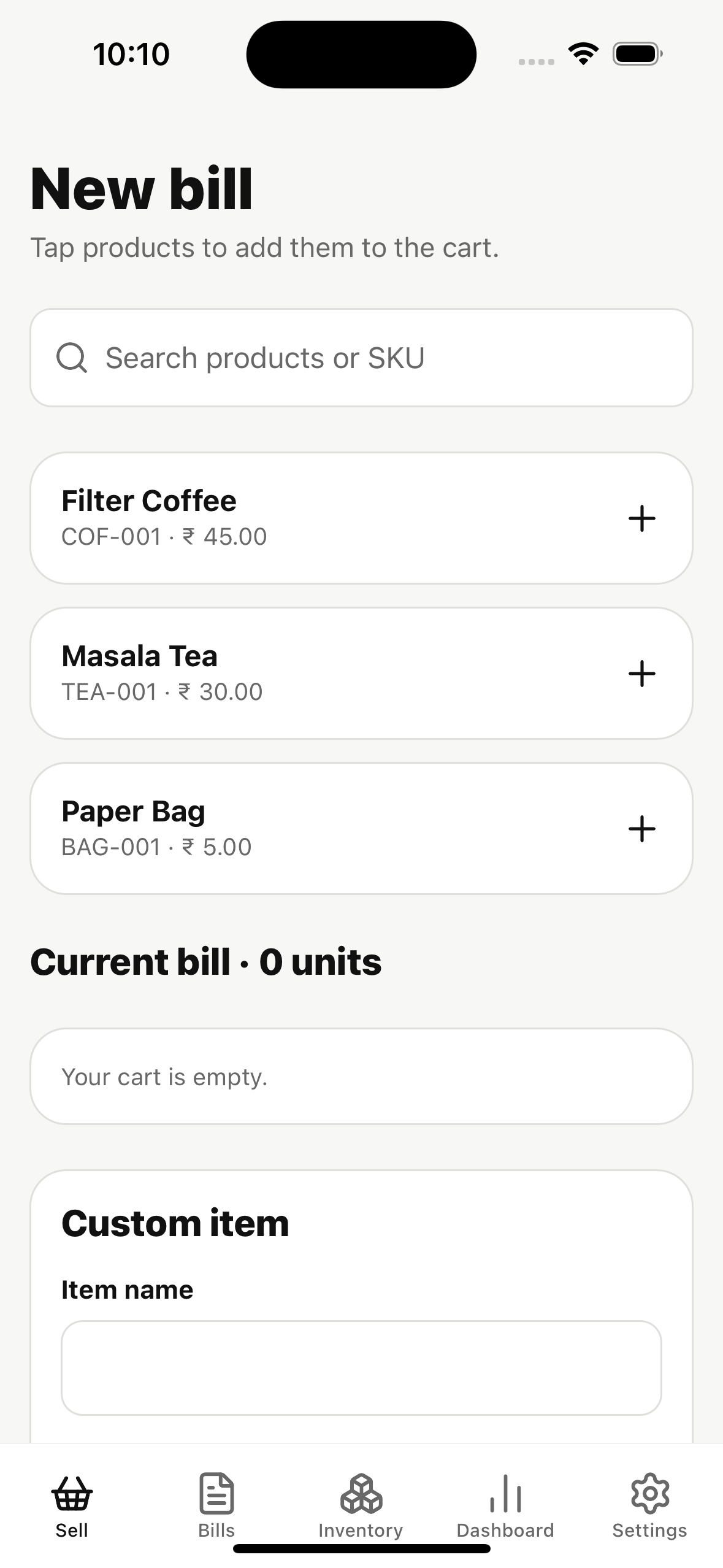 PocketPOS new bill screen