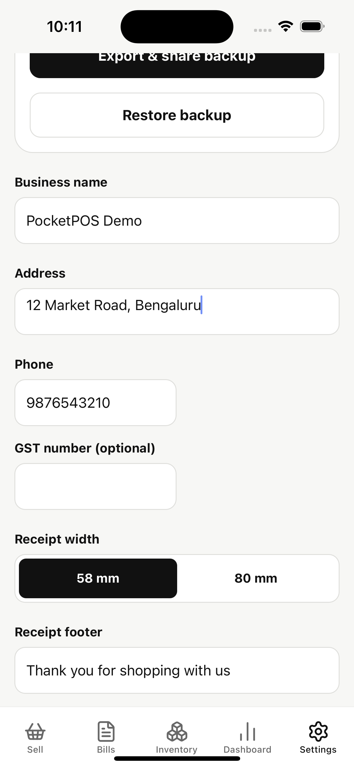 PocketPOS portable data backup controls